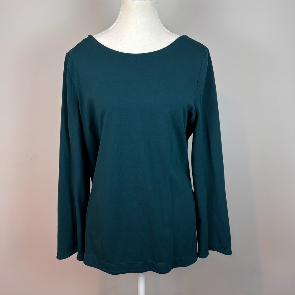 Chico's Womens Dark Green Stretch Flare Sleeve Scoop Neck Top SZ 2 / LG Workwear